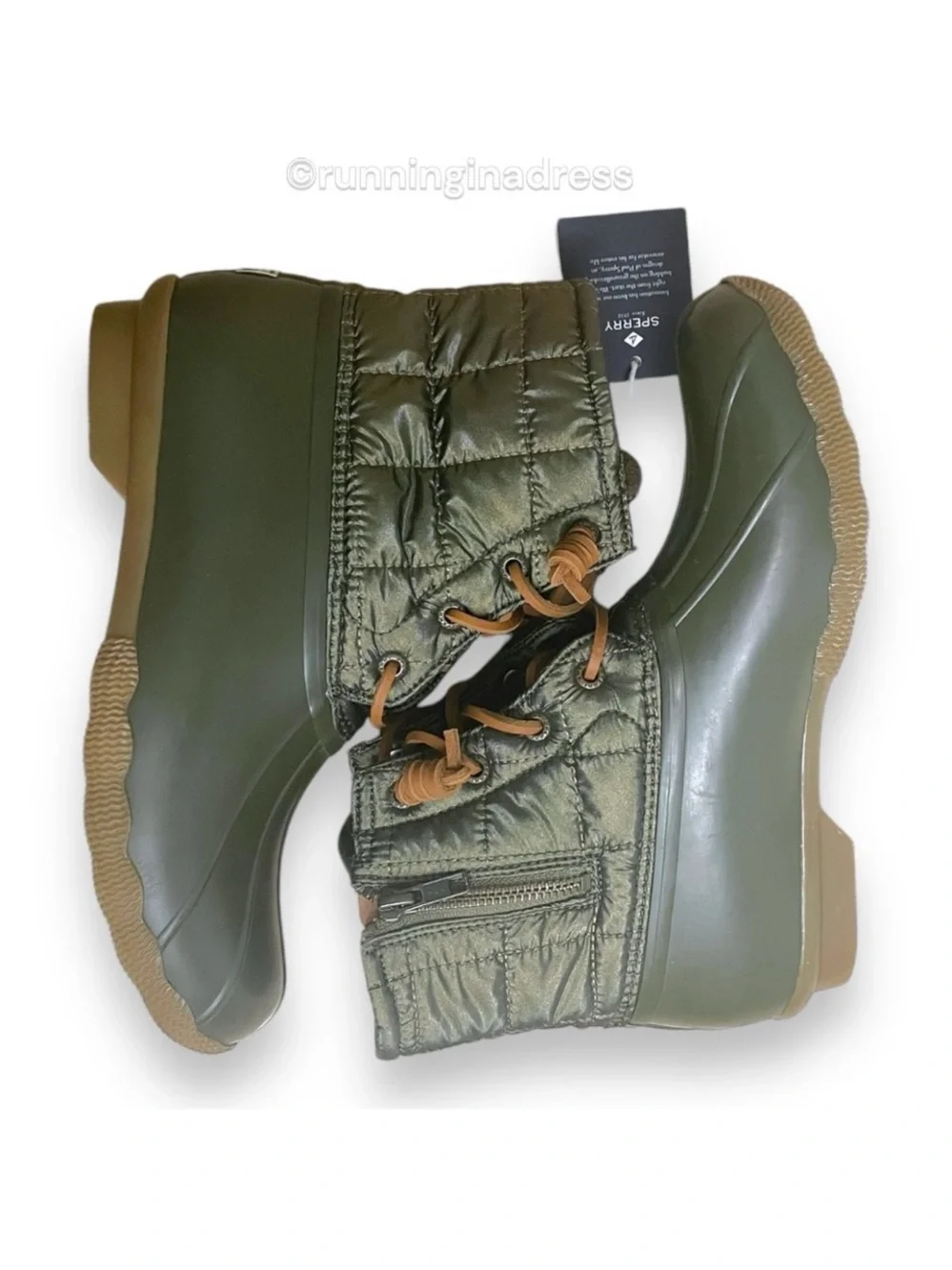 NWT Sperry Saltwater All-Weather Rain Boots Dark Olive Quilted - 8.5